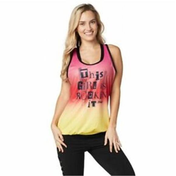 Zumba Graphic Top Racer Back Elastic Hem Pink Orange Yellow Hombre Print Size S - Picture 1 of 11